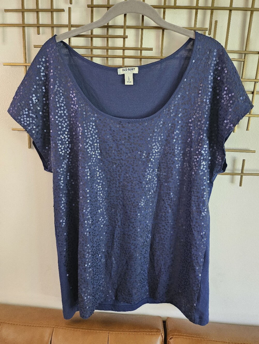 L- Old Navy- Navy Blue Sequin Short-Sleeve Scoop Neck Top